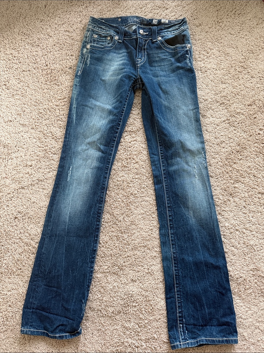 Miss Me Dark Blue Bootcut Jeans with Silver Accents 28
